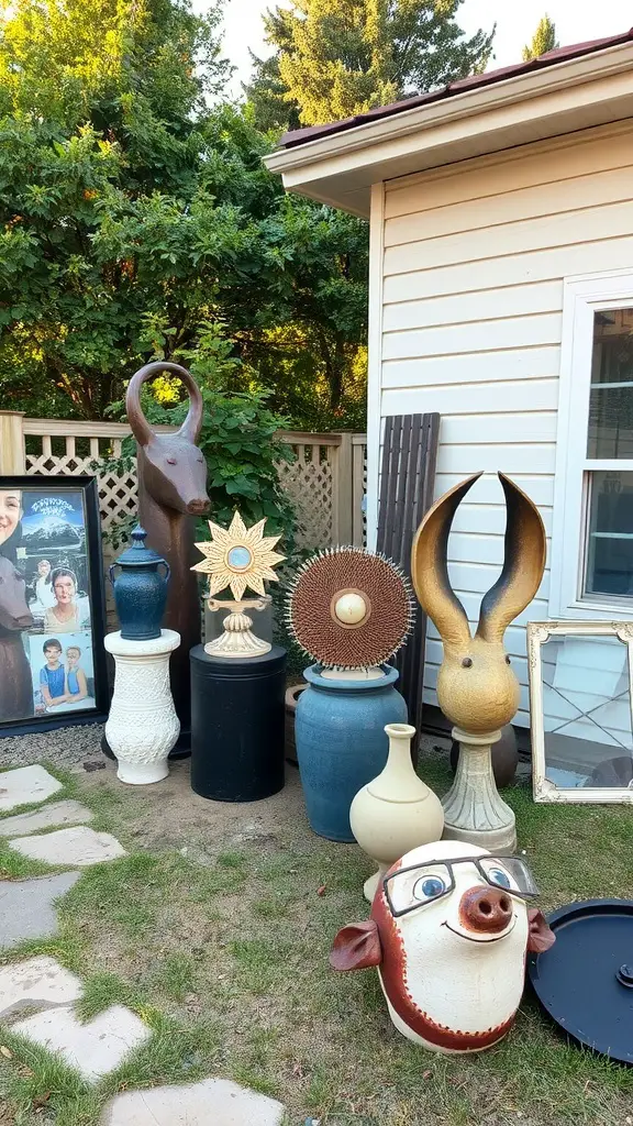 33 Cozy Backyard Ideas for Your Perfect Outdoor Oasis 19 A collection of outdoor art installations including sculptures and decorative items in a backyard setting.