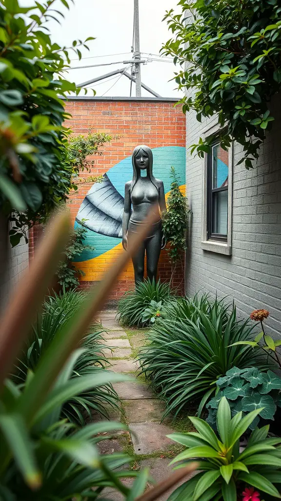 A narrow side yard featuring a sculpture and colorful mural surrounded by lush greenery.