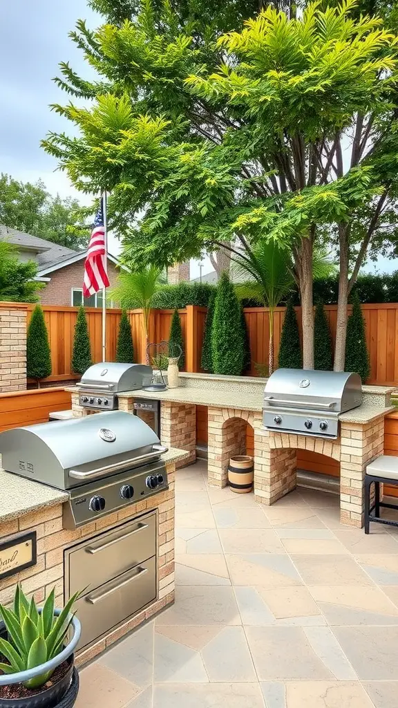 33 Creative Backyard Garden Ideas You Need to Try 30 A beautiful outdoor cooking area featuring multiple grills, a stone countertop, and greenery in a backyard setting.
