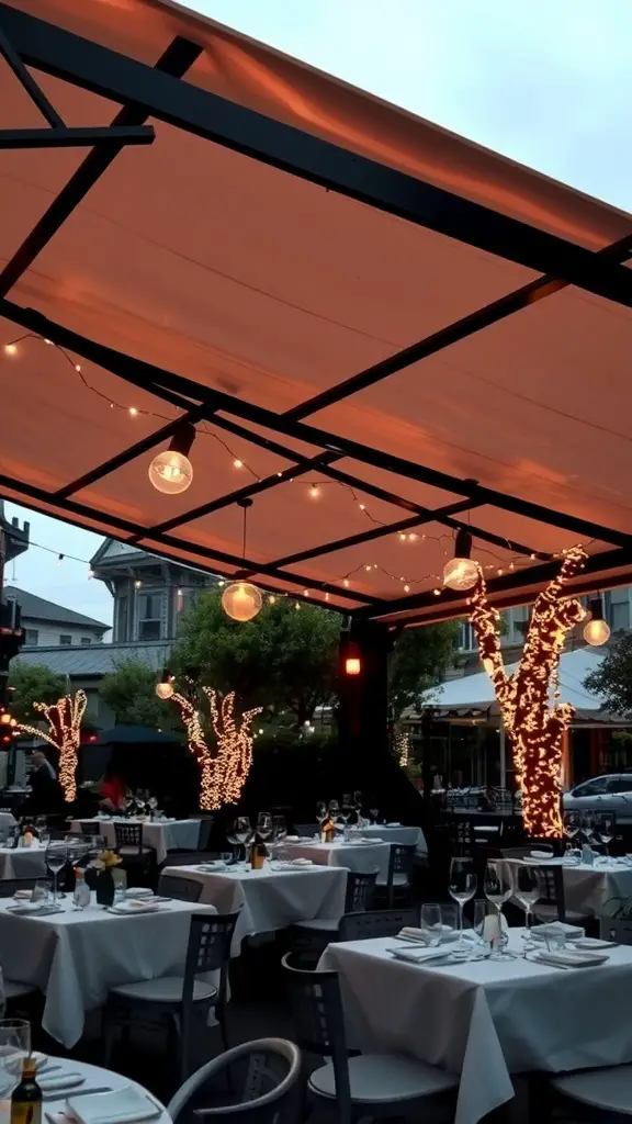 35 Creative Backyard Kitchen Ideas for Outdoor Cooking Enthusiasts 22 A beautifully arranged outdoor dining area under a canopy with tables and lights
