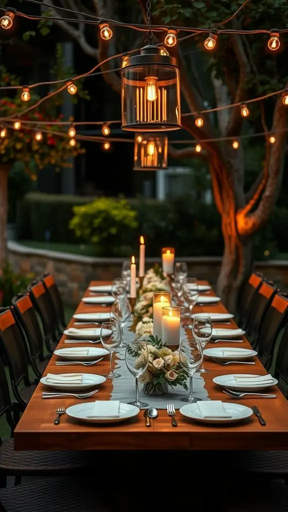 33 Cozy Backyard Ideas for Your Perfect Outdoor Oasis 17 A long wooden dining table set outdoors, surrounded by candles and string lights, ready for a cozy dinner.