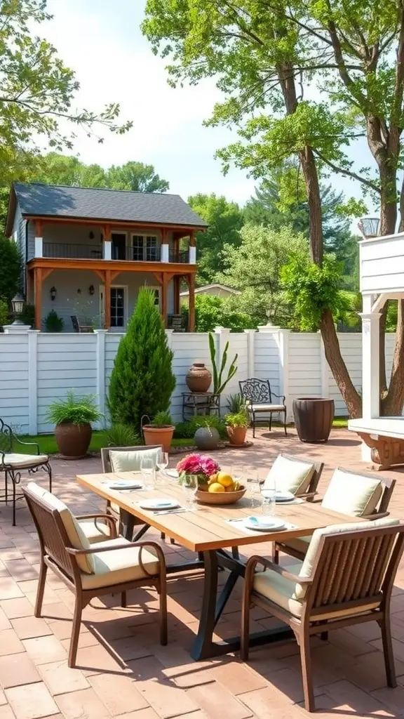 35 Creative Backyard Kitchen Ideas for Outdoor Cooking Enthusiasts 12 A well-arranged outdoor dining area with a wooden table and comfortable chairs, surrounded by greenery.