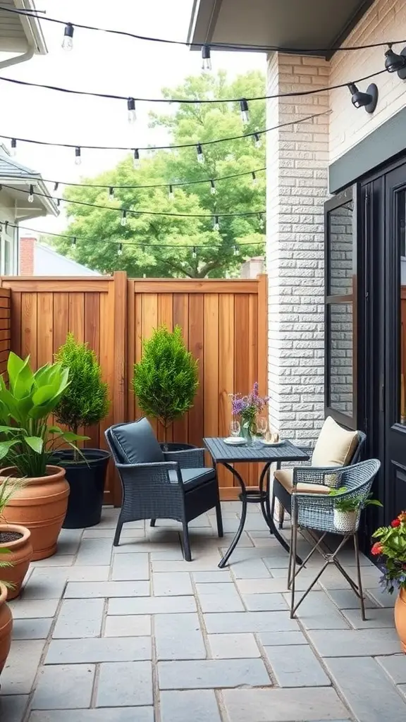 25 Creative Small Patio Ideas for Your Outdoor Space 10 A cozy outdoor dining nook on a small patio with plants and string lights.
