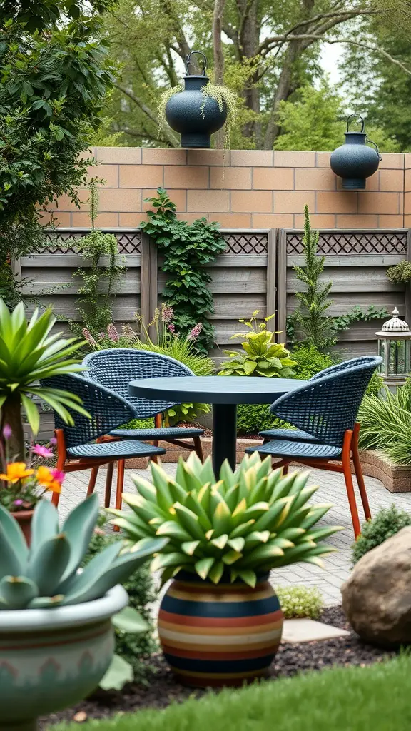 A cozy outdoor dining area featuring a table, chairs, and potted plants.