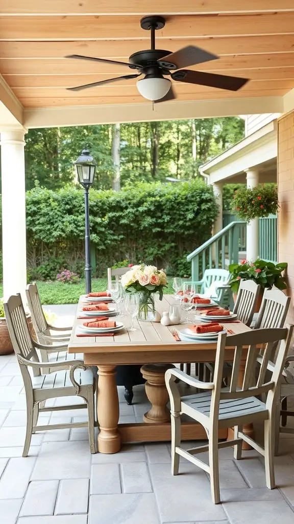 Cozy outdoor dining setup with a wooden table, chairs, and decorative flowers.