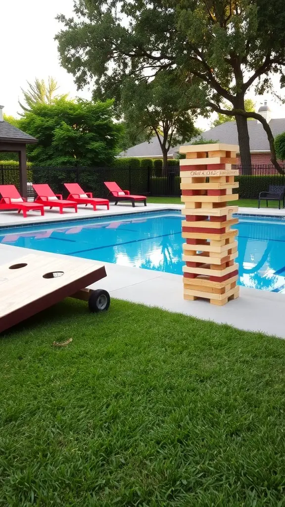33 Creative Backyard Pool and Patio Ideas for Your Dream Outdoor Space 30 Outdoor game area featuring a pool, giant Jenga, and cornhole board surrounded by red lounge chairs.