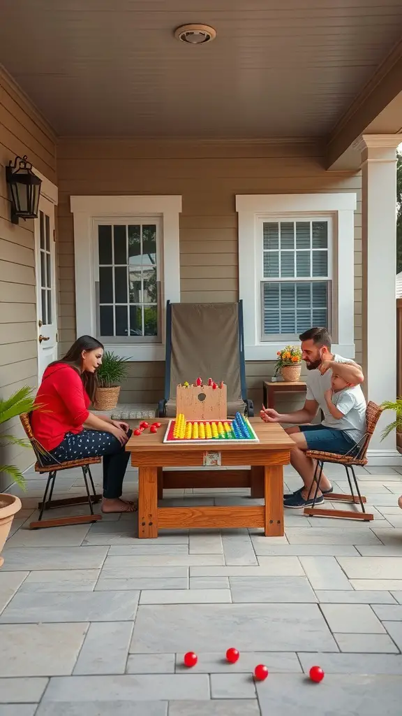 Couple playing a colorful board game on a patio table surrounded by potted plants.