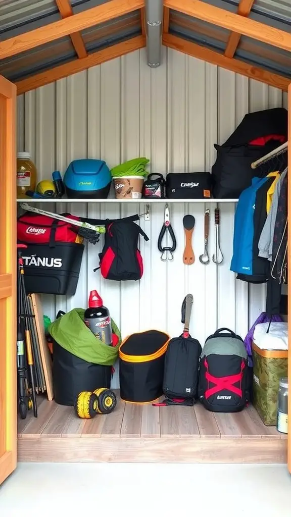 27 Stunning Garden Shed Interiors to Inspire Your Outdoor Space 20 Organized outdoor gear storage in a garden shed with bags and tools neatly arranged.