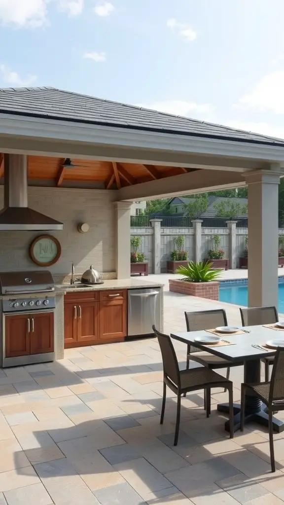 An outdoor kitchen pavilion with a grill, counter space, and dining table near a pool.