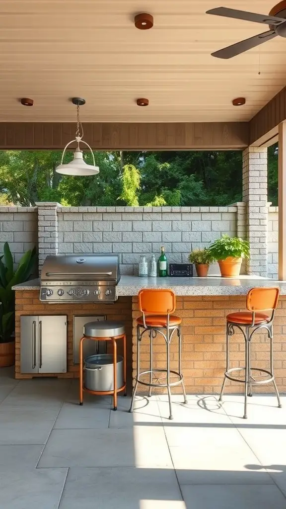 33 Cozy Backyard Ideas for Your Perfect Outdoor Oasis 30 A modern outdoor kitchen setup featuring a grill, countertop, and bar stools in a cozy backyard.