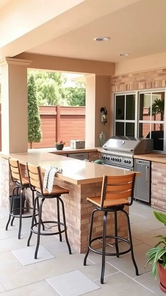 33 Creative Backyard Pool and Patio Ideas for Your Dream Outdoor Space 8 Outdoor kitchen featuring a grill station and bar stools, surrounded by greenery.