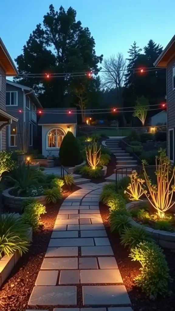 A sloped backyard illuminated with path lights and string lights, creating a warm and inviting atmosphere.