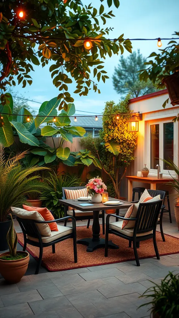 Cozy outdoor living space with seating, plants, and string lights