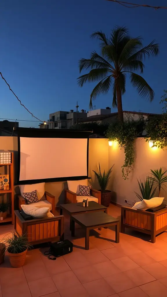 25 Stunning Outdoor Terrace Ideas to Transform Your Space 15 Outdoor movie night setup with a projector screen, wooden seating, and potted plants under the evening sky.