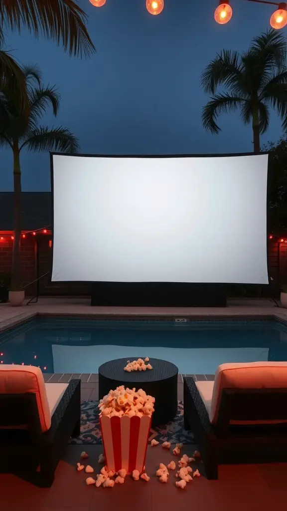 33 Creative Backyard Pool and Patio Ideas for Your Dream Outdoor Space 11 Outdoor movie screen setup with seating and popcorn by a pool.