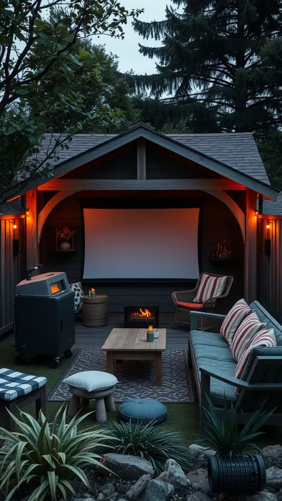 37 Creative Backyard Shed Ideas for Every Style 40 A cozy outdoor movie shed with seating, a projector screen, and warm lighting, surrounded by greenery.