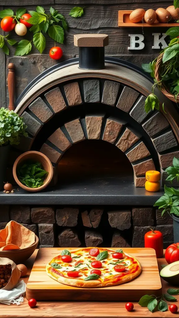 35 Creative Backyard Kitchen Ideas for Outdoor Cooking Enthusiasts 7 Outdoor pizza oven setup with fresh ingredients and finished pizza ready to serve.