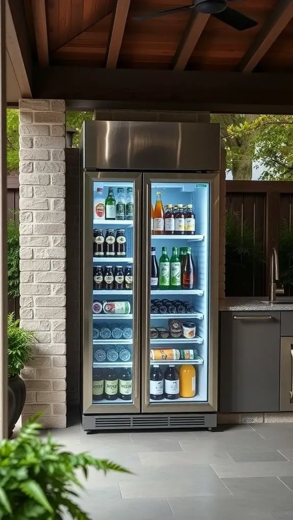 35 Creative Backyard Kitchen Ideas for Outdoor Cooking Enthusiasts 36 A stainless steel outdoor refrigerator filled with various beverages and snacks.
