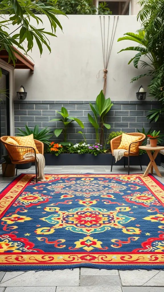 Colorful outdoor rug on a patio with two chairs and plants