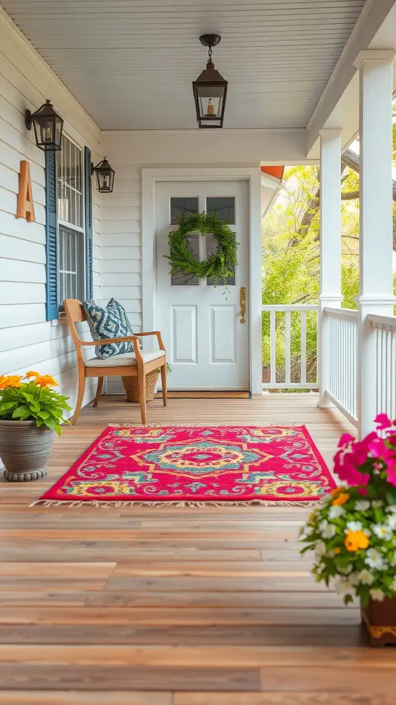 A porch featuring a colorful red outdoor rug, a cozy chair, and vibrant flower planters.