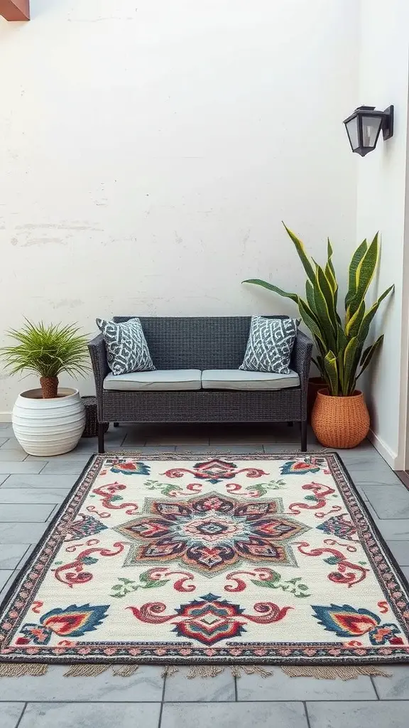 27 Creative Corner Landscaping Ideas for Your Garden 28 Cozy outdoor seating area with a decorative rug and plants