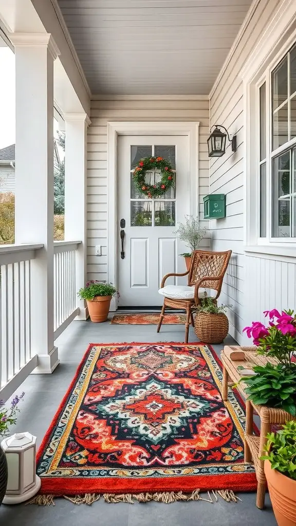 A cozy front porch featuring a colorful outdoor rug, wicker chair, and potted plants