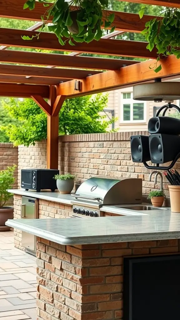 35 Creative Backyard Kitchen Ideas for Outdoor Cooking Enthusiasts 29 An outdoor kitchen setup featuring a sound system, grill, and plants.