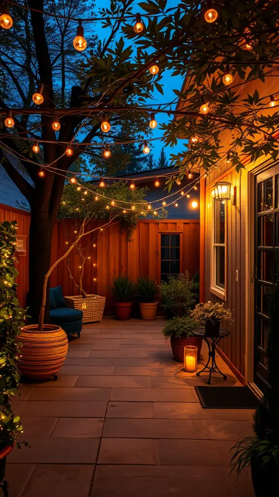 25 Creative Small Patio Ideas for Your Outdoor Space 22 A small patio illuminated by outdoor string lights at dusk, featuring seating and potted plants.