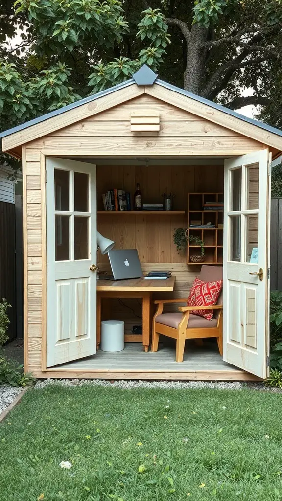 29 Creative Garden Shed Ideas for Every Backyard 15 A cozy garden shed functioning as an outdoor workspace, featuring a desk, chair, and large open doors.