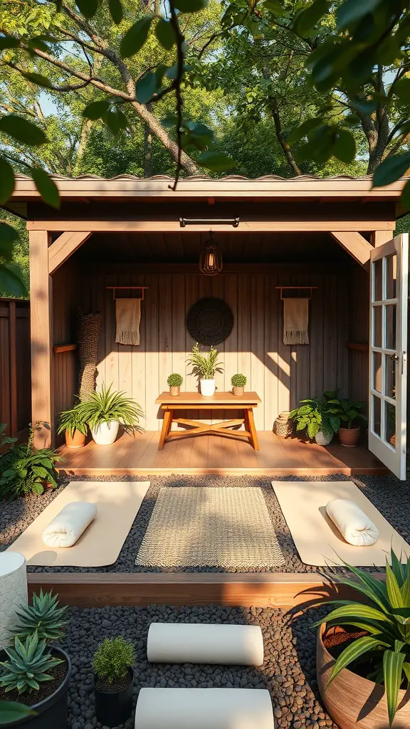 37 Creative Backyard Shed Ideas for Every Style 29 An outdoor yoga studio shed featuring wooden walls, yoga mats, plants, and a cozy atmosphere.