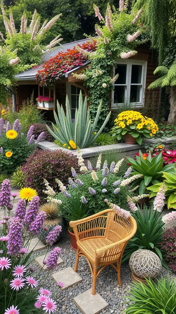 23 Stunning Perennial Garden Ideas to Transform Your Outdoor Space 19 A vibrant overgrown garden with colorful flowers and a cozy wicker chair.