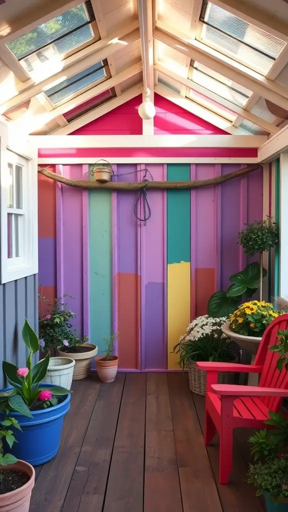 27 Stunning Garden Shed Interiors to Inspire Your Outdoor Space 9 A colorful interior of a garden shed with painted accent walls and potted plants.