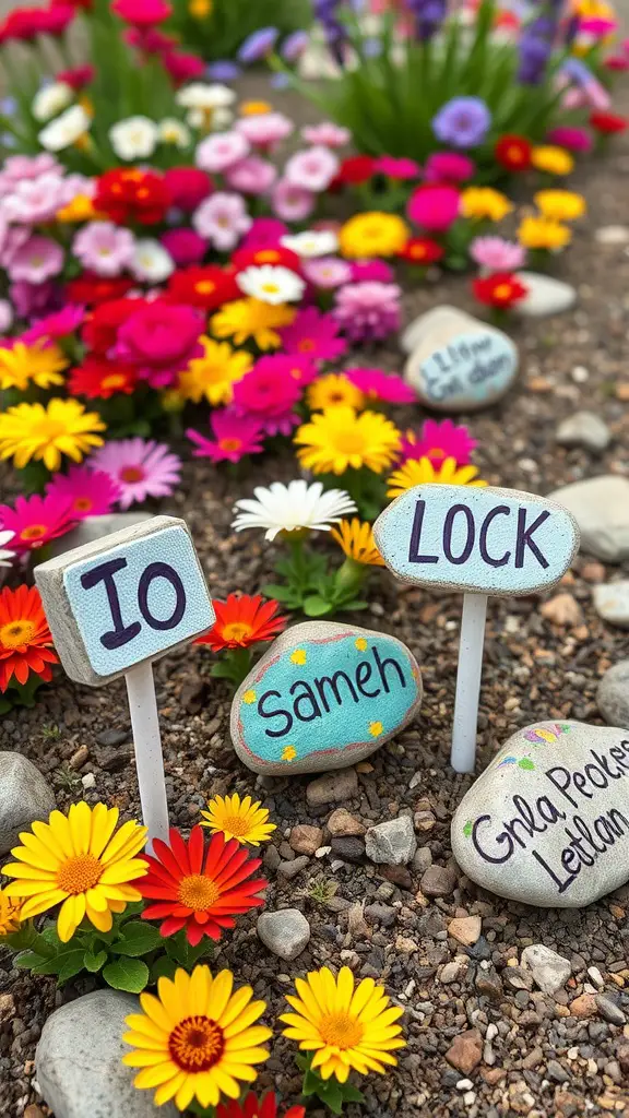 Colorful painted rock garden markers among blooming flowers