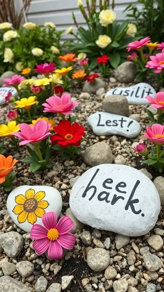 Colorful painted rocks and bright flowers in a garden setting.