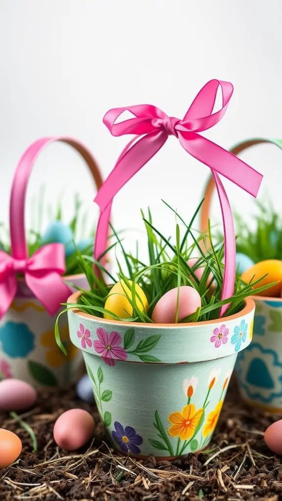 Colorful painted terra cotta pot baskets filled with grass and Easter eggs.