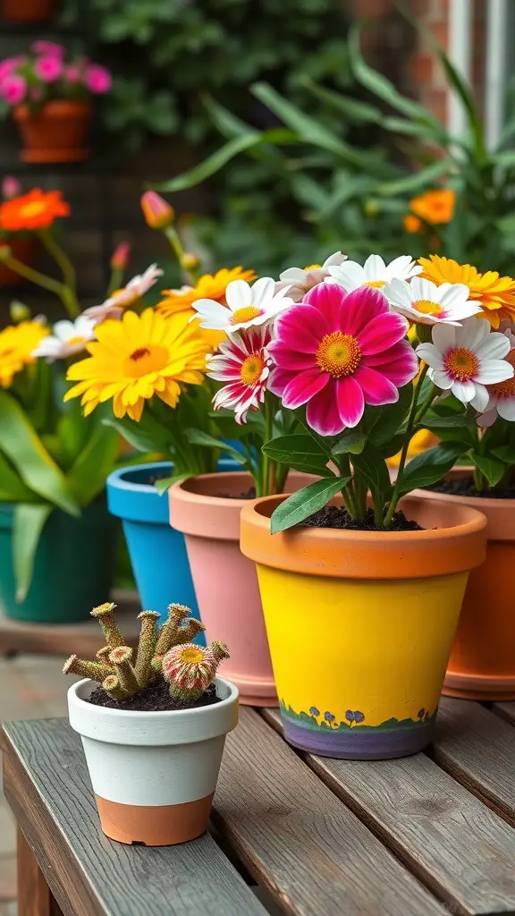 Colorful painted terra cotta pots with flowers on a wooden table