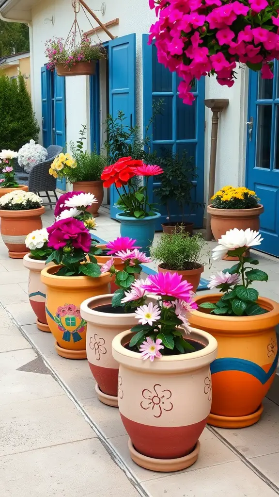 A colorful display of painted terracotta pots filled with flowers on a patio.