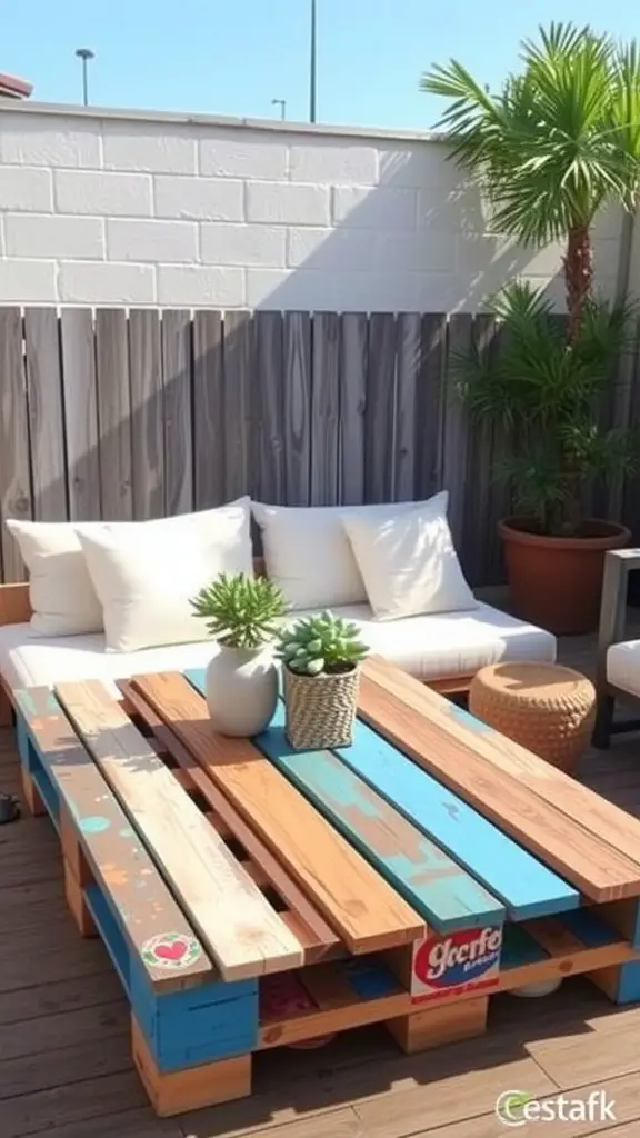 Colorful painted wooden pallet coffee table with plants and cushions on a patio