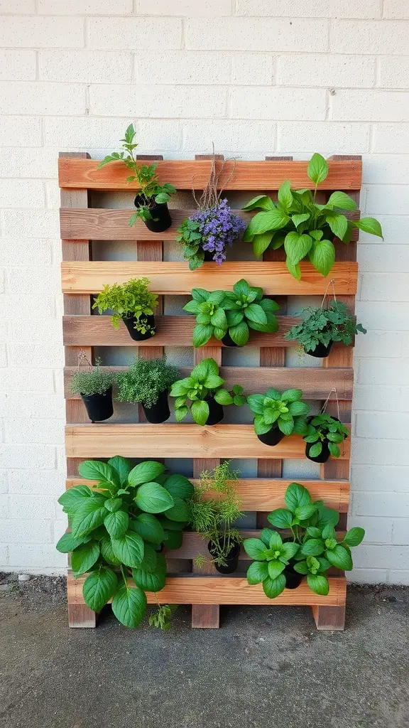 31 Creative Herb Garden Ideas for Every Space 33 A wooden pallet garden with various herbs in pots arranged vertically.