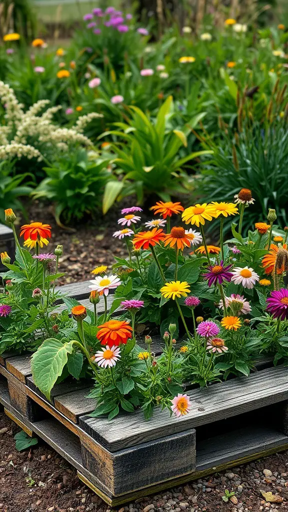 A flowerbed made from a wooden pallet, filled with colorful flowers.