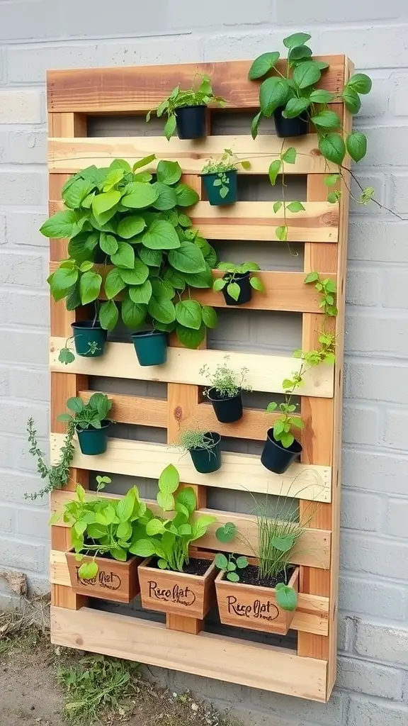 27 Creative DIY Garden Trellis Ideas for Your Outdoor Space 11 A vertical planter trellis made from pallet wood, featuring various green plants in black pots.