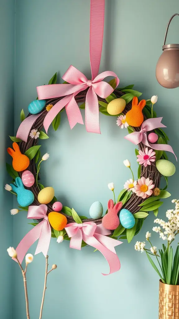 A colorful paper mache Easter wreath decorated with pastel eggs and bunny shapes