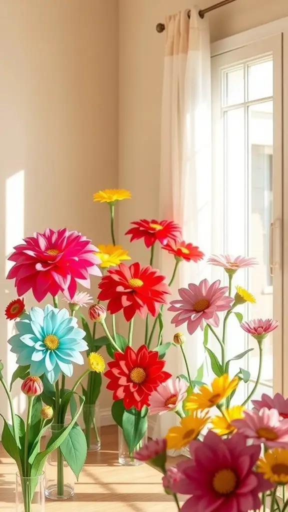 Colorful paper mache flowers in vases in a sunny room