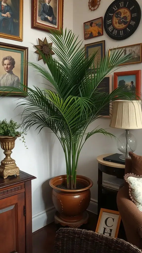 15 Indoor Corner Plants That Make Any Room Look Stylish! 14 A Parlor Palm in a corner of a vintage-style room, surrounded by framed portraits and decorative items.
