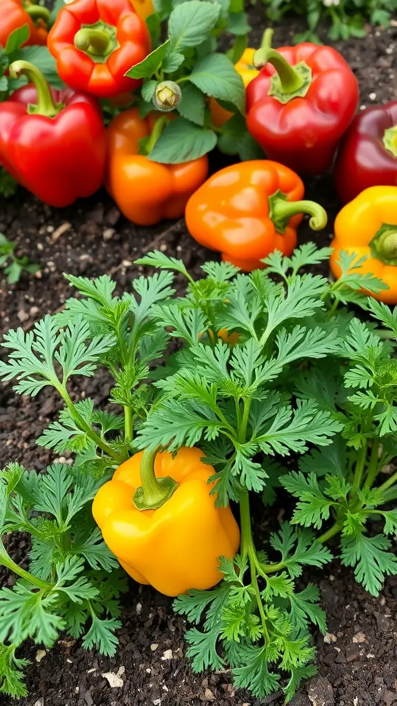 29 Perfect Herb Combinations for Your Garden 15 A vibrant garden scene featuring yellow, red, and orange bell peppers alongside lush green parsley.