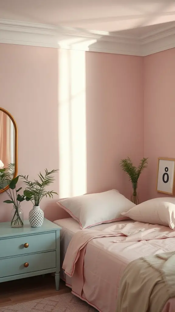 A cozy bedroom with pastel pink walls, a light blue nightstand, and soft bed linens, enriched with greenery.