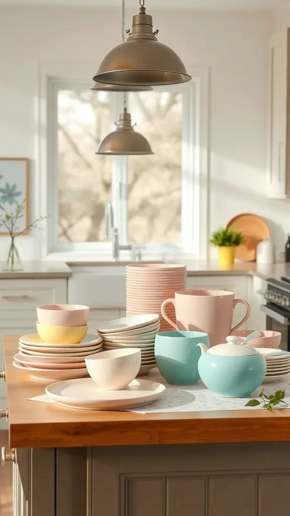 Display of pastel colored dinnerware on a kitchen island