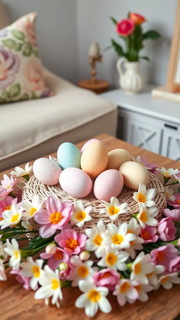 A basket of pastel colored eggs surrounded by flowers, serving as a spring centerpiece.