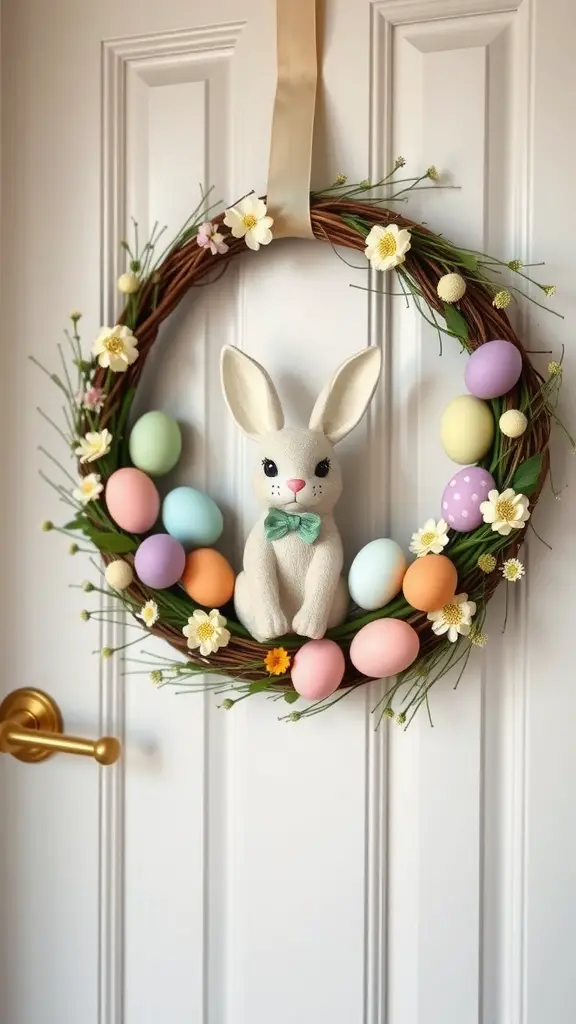 A pastel egg and bunny wreath, featuring soft colors and decorative elements for Easter.