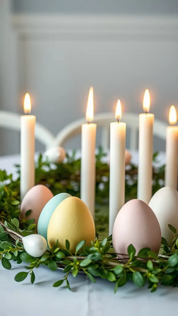 A decorative Easter centerpiece featuring pastel-colored egg candle holders surrounded by greenery and white candles.